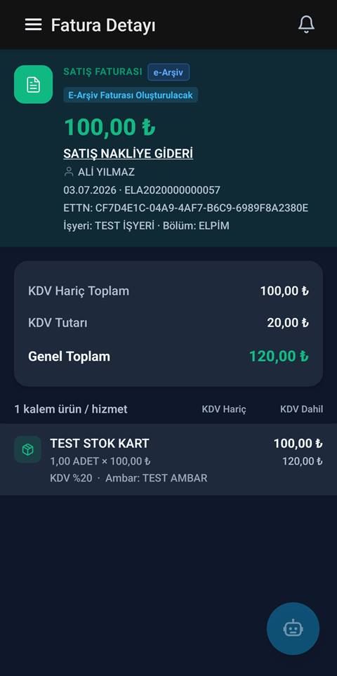 Raporist satış faturası detay ekranı