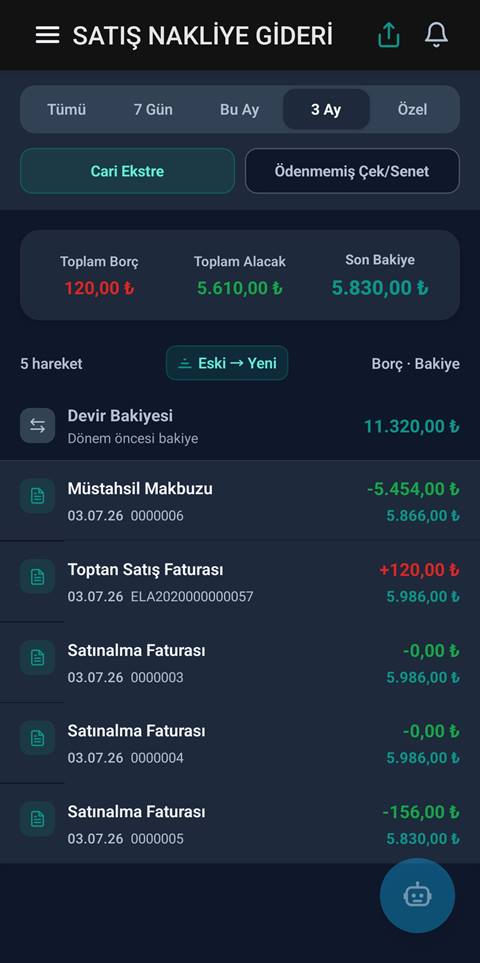 Raporist cari ekstre ekranı — borç, alacak ve bakiye hareketleri