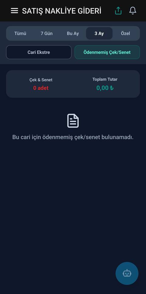 Raporist cari için ödenmemiş çek ve senet görünümü
