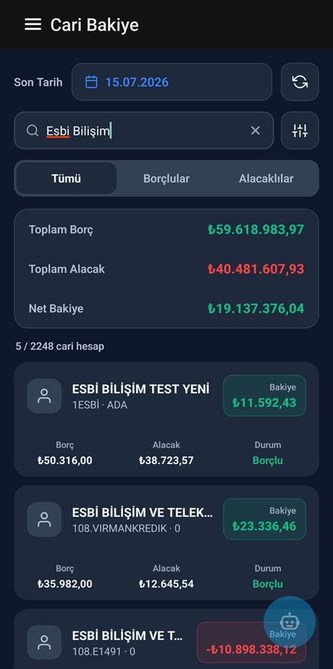 Raporist cari bakiye listesi ve cari arama ekranı