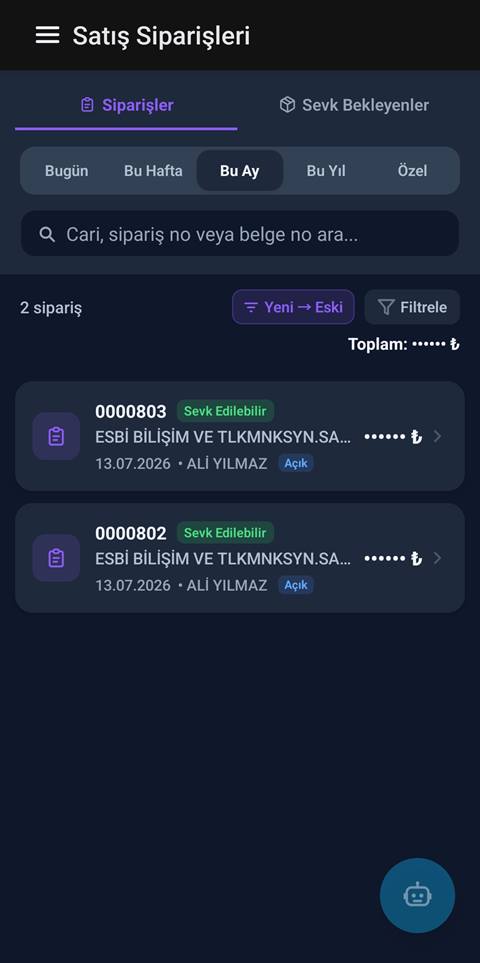 Raporist satış siparişleri listesi