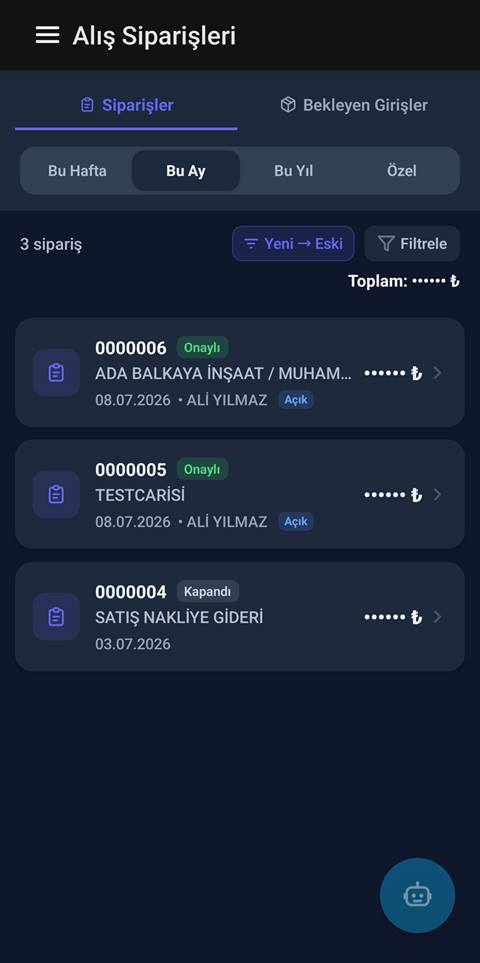 Raporist alış siparişleri listesi