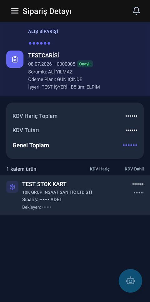 Raporist alış siparişi detay ekranı