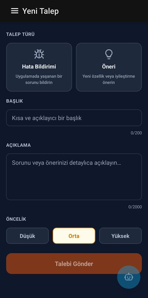 Raporist yeni destek talebi oluşturma ekranı