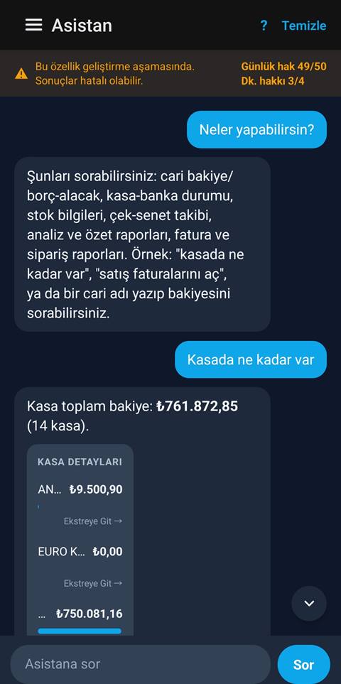 Raporist Akıllı Asistan — kasa bakiyesi sorusuna anlık cevap