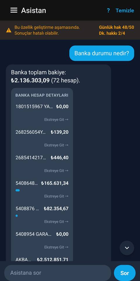 Raporist Akıllı Asistan — banka durumu sorusuna anlık cevap
